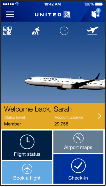 United Airlines booking using mobile app